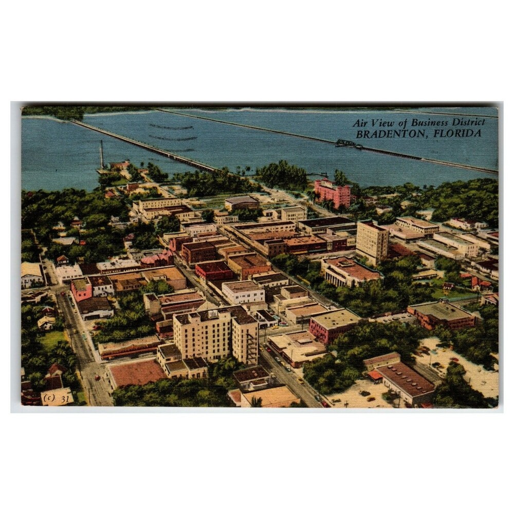 1955 Bradenton FL Air View Business District Manatee River Linen Postcard